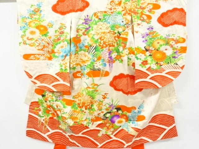 JAPANESE KIMONO / ANTIQUE KIMONO / EMBROIDERY / SHIBORI / FLOWER & FOLDING FAN PATTERN